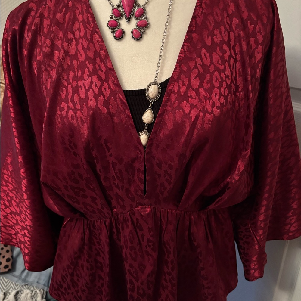 entro Burgundy Satin V-Neck Peplum Blouse